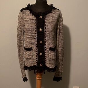 Label + Thread Women's Gray Button Front Knit Fringe Cardigan Sweater